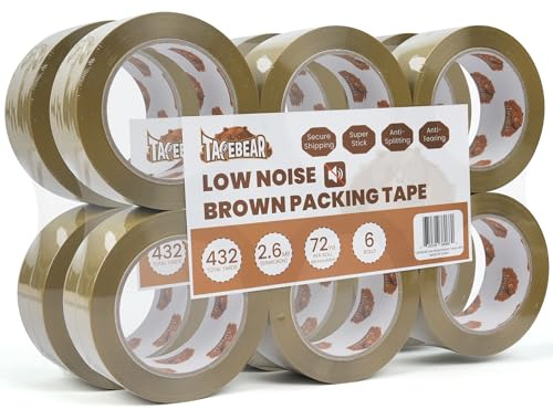 TAPEBEAR Marrón Cinta Adhesiva de Embalar 66m x 48mm, Cinta de Embalaje | Resistente para Embalaje de Cajas de Cartón de Envíos y Mudanzas, 12 Rollo