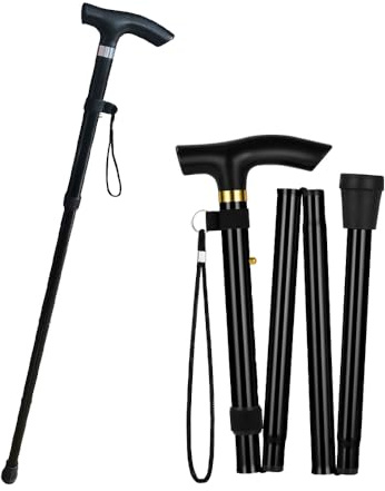 Folded Aluminium Walking Stick for Women & Men |Folding Adjustable Height | Non-Slip Rubber Tip | Wrist Strap |Lightweight | for Elderly or Disabled -Black