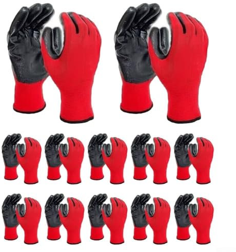12 Pairs Work Gloves, Smart Touch, 3D Comfort Stretch Fit, Nitrile Coated, Men Work Gloves with Grip, Seamless Knit Nylon, Suitable for Warehousing, Logistics, Handling, Red