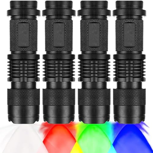 MVIOCS Paquete de 4 linternas de 4 colores de 3 modos: linterna de luz roja, linterna de luz verde, linterna de luz azul, linterna de luz blanca fría para observación nocturna