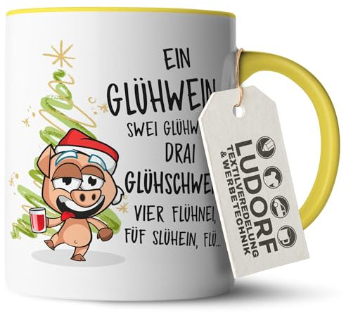 #teamludorf Gelb Tasse Gelb - Glühwein Motiv, Weihnachtsbaum, Mütze - 300 ml Keramiktasse, langlebiger Druck, spülmaschinengeeignet, besonderes Geschenk für weihnachtliche Abende