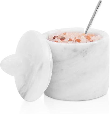 White Marble Salt Cellar with Lid 4 Inch – Handmade Natural Marble Salt Bowl, Countertop Salt Keeper for Fresh Salt Storage, Stone Kitchen Container, Elegant Decor Gift