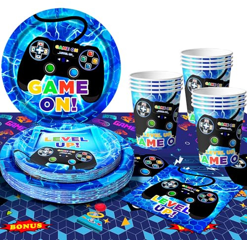 Video Game Party Supplies,Serves 16 Gaming Party Decorations Tableware Set - Gaming Plates and Cups Napkins Tablecloth etc Game Supplies for Video Gamed Theme Birthday