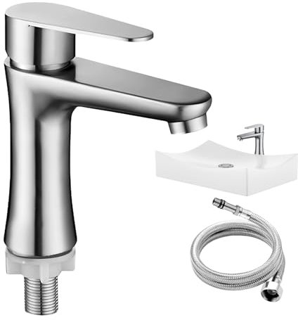Rubinetto Bagno Lavabo, Acqua Fredda in Acciaio Inossidabile, Miscelatore Lavabo Bagno Monocomando con Flessibili e Testa Mobile, Rubinetto Bidet con Tubo di Collegamento 80 cm per Lavabo Ospiti
