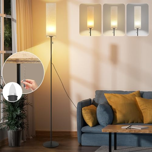 GBLY Stehlampe Wohnzimmer Dimmbar Stehleuchte Standleuchte mit LED Lampe | Vintage Standlampe Beige Lampenschirm 3000K-6500K Wohnzimmerlampe Seilzugschalter Retro Stoff Leselampe für Schlafzimmer