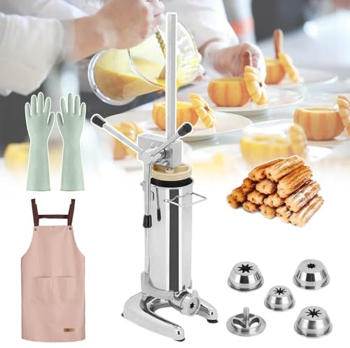 GLJTUO Macchina per Ciambelle Spagnola, Macchina per Churros Manuale, con 1 Grembiule, 5 Stampi E 4 Paia di Guanti, Grande capacità E Dimensioni Compatte, Design con Manig,2L