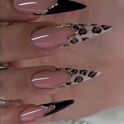 XAGMODSHN 24 uñas postizas largas brillantes con diseño de leopardo, cobertura completa, uñas adhesivas para invierno, decoración artística