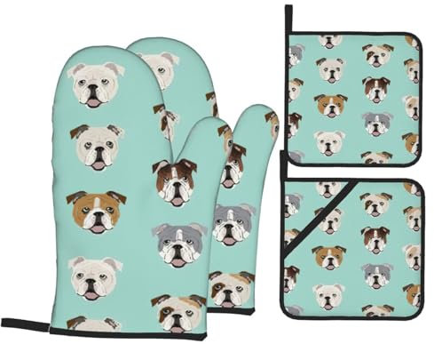 Set di 4 guanti da forno e presine con stampa di bulldog inglese divertenti, resistenti al calore