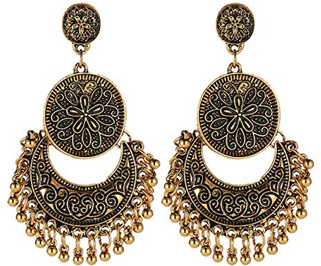 coadipress Boucles d'oreilles chandelier rondes bohème pour femme - Délicates - Bohème - Vintage - Lustre indien - Boucles d'oreilles pendantes en forme de disque de fleur, croissant de lune et perles