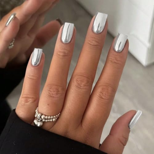 KQueenest Chrome Press On Nails - Metallic Silber Nägel zum Aufkleben Mittel Kurz Eckig, Spiegel Effekt Fake Nails Künstliche Fingernägel zum aufkleben, Sparkle Bling Acryl Nägel für Frauen, 24 Stück