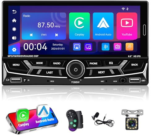 Motorsi Autoradio 2 Din Carplay con Android Auto, 6.9 Doppio Din Stereo Auto Bluetooth, Radio Auto Supporto MirrorLink/FM/AM/RDS/USB/AUX/EQ/SWC+Telecamera Posteriore