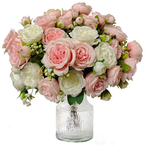 CIRenchen 4 Bündel Künstliche Blumen Kunstblumen Wie Echt Künstlich Blumenstrauß, Blumenstrauß Künstlich Seidenblumen Rosa Blumen für Hochzeit Partei Heim Küche Dekor (Pfingstrosenrosa und -weiß)