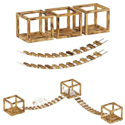 QLS Katzen Kletterwand für Deckenmontage aus geflammtem Holz mit 2 Brücken | Mit 3 Liegeflächen und 2 Hängebrücken für Spielen, Beobachten & Entspannen, erweiterbar für individuelle Kletterlandschaften