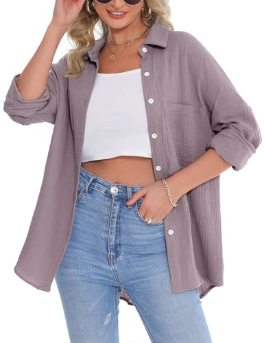 Aottori Musselin Bluse Damen Oversize Hemdbluse Oberteile Langarm Hemd Longbluse Langarmshirt Elegant V-Ausschnitt Baumwolle Lockere Blusenshirt Blusen Tunika mit Tasche #Lila S