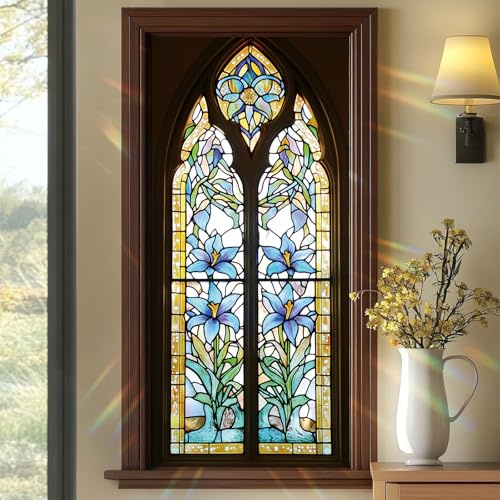 SHENGYUMY Blue Iris Stained Glass Window Film 17.7 x 39.3 Inch Gothic Arch Floral Static Cling Privacy Window Sticker No Glue Reusable UV Protection Decorative Glass Door Bathroom Panel