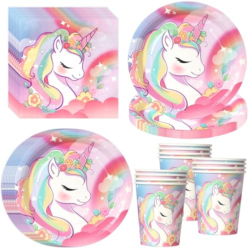 PYAILI 52 Stück Regenbogen Einhorn Partygeschirr für 16 Gäste | Unicorn Teller Set, Einhorn Geburtstag Geschirr, Kindergeburtstag Pappteller Teller Tassen Servietten Tischdecke Party Deko