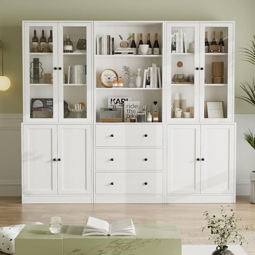 VOWNER 5-stöckiges Bücherregal mit Glastüren, 180 cm Vitrinenschrank, Küchenschränke, Küchenschrank Hochschrank, Buffetschrank für Küche, Wohnzimmer, Esszimmer, weiß, 3PCS (Weiß)