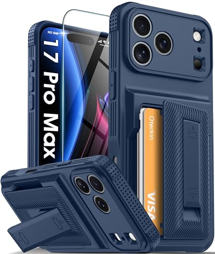 Oterkin for iPhone 17 Pro Max Case with Card Holder & Stand, Blue 6.9 | 4-5 Cards, RFID Blocking Wallet, Full Camera Protection, Built-in Kickstand | Military Grade Phone Case for iPhone 17 Pro Max
