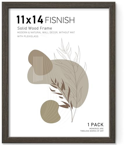 Fisnish 11x14 Picture Frame, Solid Wooden Picture Frames, Display 11x14 Photos without Mat, Horizontal or Vertical Wall Mounting, Smoked Wood Grain, 1 Pack