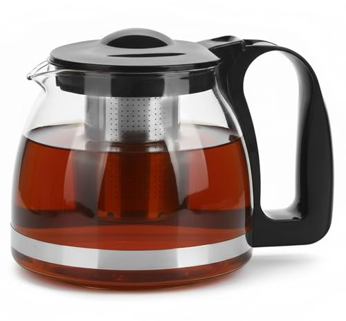 VIVIANA Teekanne Glas – Mit Edelstahl-Teesieb, Sodaglas, Schwarzer Griff, Spülmaschinenfest, für losen Tee, Tropffreier Ausguss (1250ml)