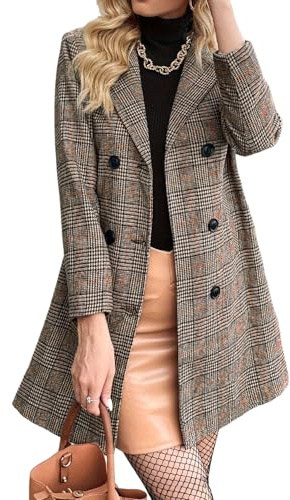 LIUYUYOUGO Cappotto Donna Invernale Trench Doppiopetto Da Donna In Pied De Poule Marrone Classico Con Colletto A Tacca Spolverino Scozzese A Quadri Elegante Giacca Lunga In Misto Lana Giacca Inverna