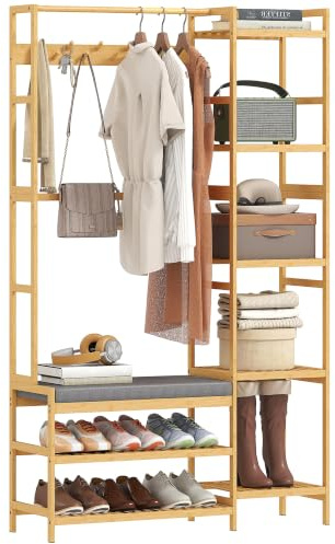 HOMCOM Garderobenständer Garderobe, 10 Haken, Natur, Höhe 175 cm | Gepolstert Schuhbank mit 2 Ablagen, Kleiderstange, 5 Offenen Fächern, Kleiderständer für Flur, Schlafzimmer, Wohnzimmer