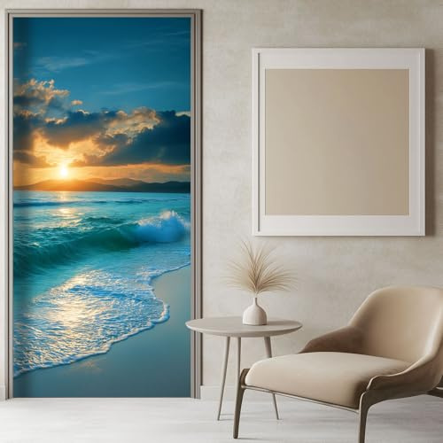 Tür Tapeten 3d Selbstklebend Strand Sonnenuntergang Natur - Türtapete Türposter Türaufkleber Vinyl Türfolie Blau Diy Wandbild Wohnzimmer Schlafzimmer Badezimmer 77x200 cm