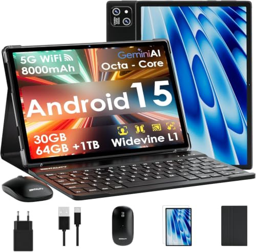 Tablette 10 Pouces Android 15 avec 5GWiFi 30Go+64Go (2To Extensible),-Noir | Clavier+Souris et Cas Widevine L1, Octa-Core 2.0GHz/8000mAh/13+8MP
