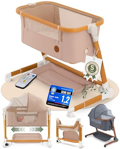 LepiBaby Elektrisches Babybett mit Rollen, Beistellbett Baby Boxspringbett | 5 in 1 Stubenwagen Höhenverstellbar, Reisebett Baby mit Matratze, Babywiege 0 bis 12 Monate, Bassinet mit Musik, MaliDa Beige