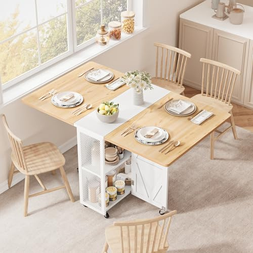 Jocoevol Mesa Plegable con Ruedas, para 2-4 Personas, con Estante y Doble Estante Abierto, Ahorra Espacio en Cocina y Comedor, 120x60x76 cm, Color Arce y Blanco