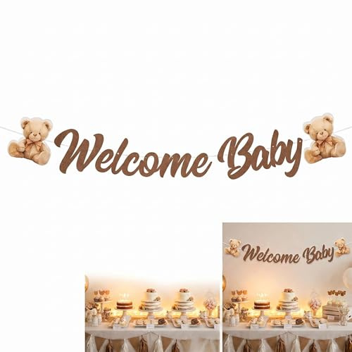 DiiWmme Willkommen zuhause Baby Banner aus Karton für Junge und Mädchen | | Neutrales Partyzubehör für Babyshowerparty Deko | Babyparty Deko Girlande mit Bären Motiv | Baby Shower Deko
