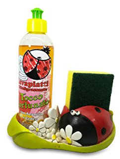 Paolo Chiari - Set 3 Pezzi, Porta Spugna e Porta Detersivo Piatti in Marmoresina Dipinta a Mano, Coccinella Lia, Completo di Spugna e Detersivo (250 ml), Made in Italy, 18x7.50x21 cm
