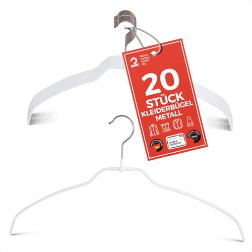 MAWA Kleiderbügel Light, Set mit 20 50% platzsparenden und rutschfesten Bügeln, ideal für Hemden und Blusen, mit 360° drehbarem Haken und Antirutschbeschichtung, 42 cm, Weiß