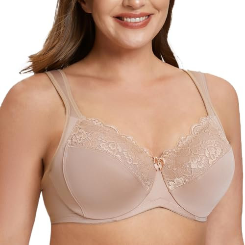 MELENECA Women's Minimizer Bra Full Coverage Plus Size Underwire Lace Comfort Cushion Strap Beige 38D