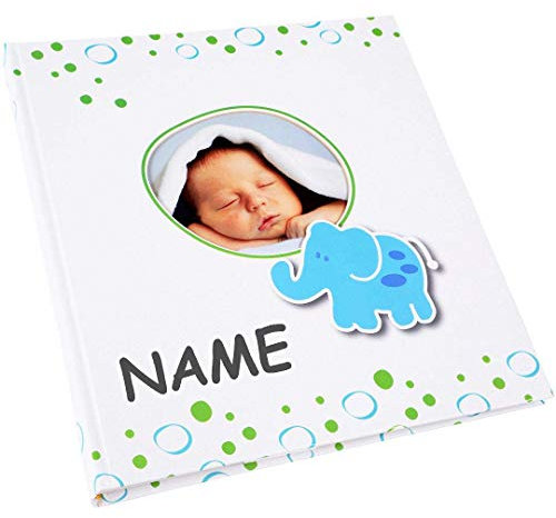personalisiert mit Name - Babyalbum mit Fensterausschnitt, Elefant, 30 x 31 cm, 60 weiße Blankoseiten mit 4 illustrierten Seiten und Pergamin-Trennblättern, Kunstdruck mit UV-Lack, Weiß, 15122