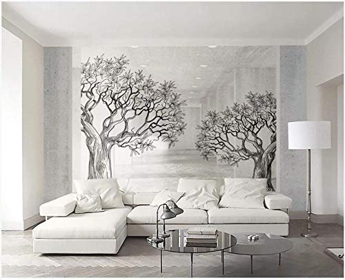 Papier Peint N/V Panoramique 3D Murales Blanc,noir 350x245 cm Intissé Peinture Poster Décoration Arbre De Ligne De Croquis Espace Animé Minimaliste Nature Lavable 85500 cm² 1 unité