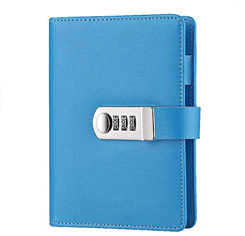 TopHomer Lockable Notebook Refillable PU Leather Journals Password Diary Planner Organizer A6 Lined Binder Daily Notepad Personal Sketchbook with Coded Lock & Pen Holder -Blue