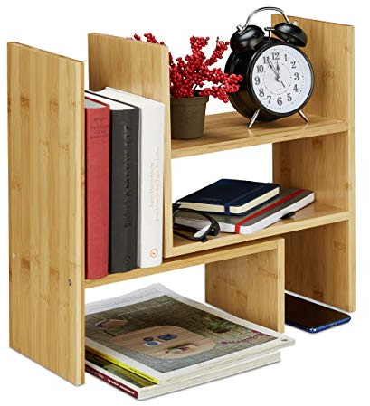 Relaxdays Tischregal Bambus, Verstellbarer Organizer, Natur | für Schreibtisch, Küche & Bad, Aufsatzregal, klein, H: 40cm