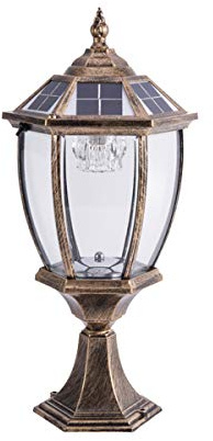 ACMHNC Vintage piedestallampa sol LED-lampa utomhusbelysning, utomhus trädgårdslampa sol pollare ljus utomhus i antikt utseende, klassisk retro vägbelysning i gjuten aluminium, IP54, 2200Mah,Brass