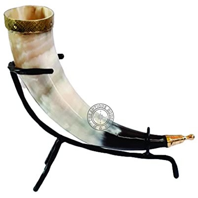 THE ANTIQUE HOUSE African Real Viking Drinking Horn Mug for Beer Wine, Mead Food Safe with Iron Stand