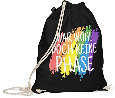 PlimPlom LGBTQ Tasche Schwarz Aus Baumwolle - War Wohl Doch Keine Phase Rucksack - Gay Pride Turnbeutel - LGBT Stoffbeutel - Regenbogen Jute Beutel - Gym Bag - Festival Beutel