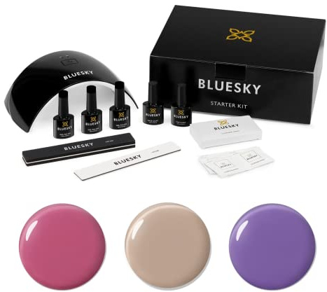 BLUESKY Startkit för gelnagellack – fjäder, med professionell 24 W UV LED-lampa torktumlare, 3 x 10 ml polermedel, rengöringsservetter, topp- och basbeläggning, filbuffert, paket med 1