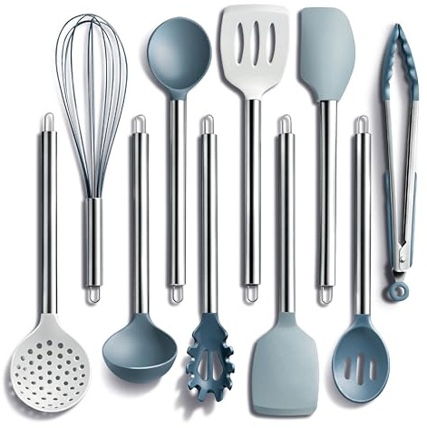 COOK WITH COLOR Silicone Cooking Utensils, 10 Pc Kitchen Utensil Set, Easy to Clean Silicone Kitchen Utensils, Cooking Utensils for Nonstick Cookware, Kitchen Gadgets Set (Blue and White)