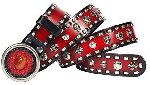 YOPADO Nietengürtel Punk Gürtel Damen und Herre, Totenkopf Nieten Gürtel Western Rindsleder Ledergürtel Druckknöpfe Verschluss Runde Schnalle mit Rotem Stein (120cm/waist:41, Red)