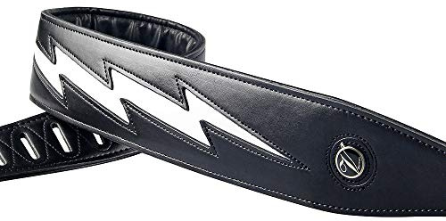 adiya Gitarrengurt mit Blitzbolzen für E-Gitarren/Bass, Leder, verstellbare Länge, Schwarz/Weiß/Rot erhältlich, Schwarzer Korpus, weißer Blitz, Adjustable 135cm-152cm