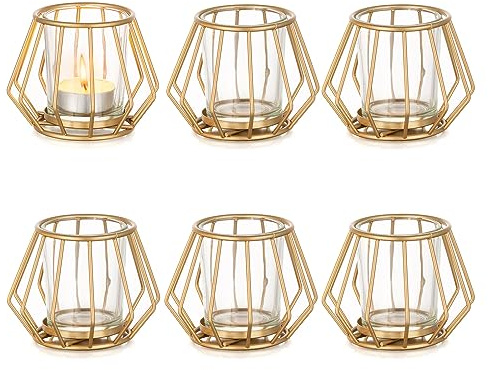 Romadedi Teelichthalter Metall Gold, 6er Set mit Glas | Windlichter für Teelichter und Votivkerzen, für Tischdeko, Wohnzimmer, Schlafzimmer, Esstisch
