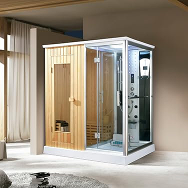 PureHaven Sauna finlandais et douche à vapeur 170 x 120 cm avec cadre en aluminium Accessoires complets Douche tropicale Assise Radio Massage des pieds Massage du dos Blanc
