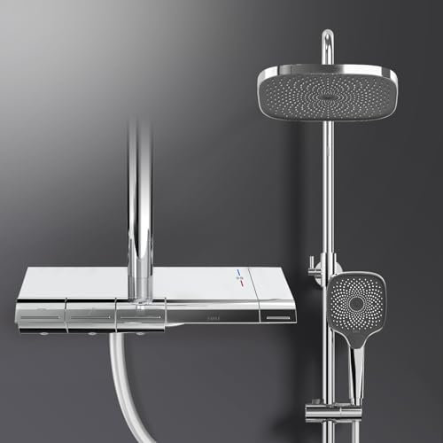 EMKE Klassisch Duschsystem mit Thermostat Duschsystem, Duschsäuleset mit Brausestange, Handbrause mit 3 Strahlstärken, Regendusche Duschsystem, Duscharmatur mit thermostat,Chrom