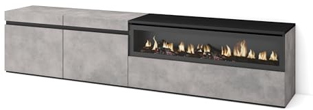 Skraut Home | Mueble TV | Televisión | Muebles de salón, almacenaje | 200x45x35cm | para TV hasta 80 | Chimenea eléctrica | Estilo Moderno | Cemento