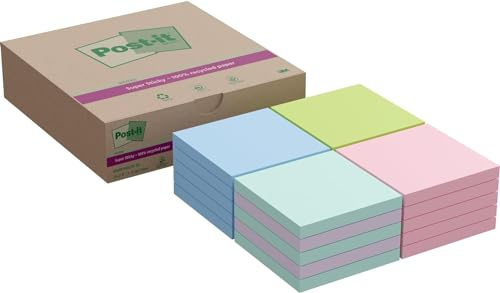 Post-it Super Sticky Recycling-Notes, 20 Blöcke (1400 Blatt), 76 mm x 76 mm | Selbstklebende Haftnotizen mit Stärkerer Haftung, Klebezettel für Bürobedarf, Erinnerungen & To-Do-Listen; Repositionierbar
